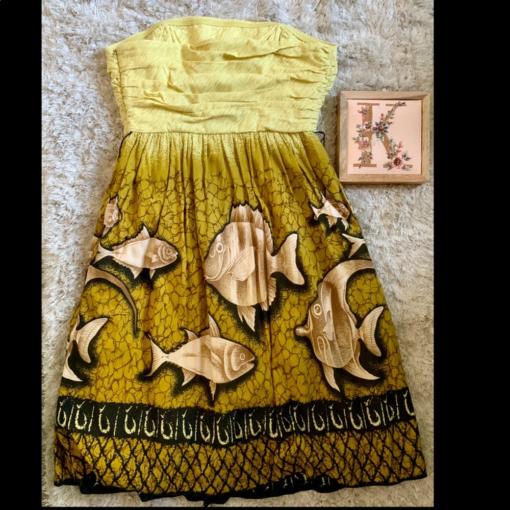 Anthropologie Strapless Yellow Green Fish-Print Dress - Picture 10 of 10